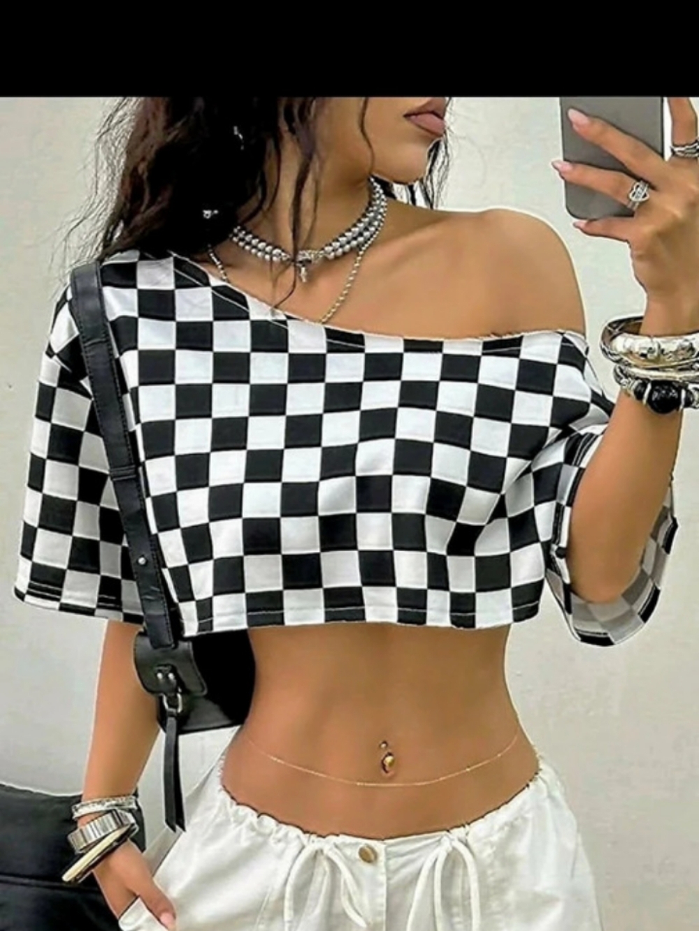 Checkered Off-Shoulder Crop Top in Black & White